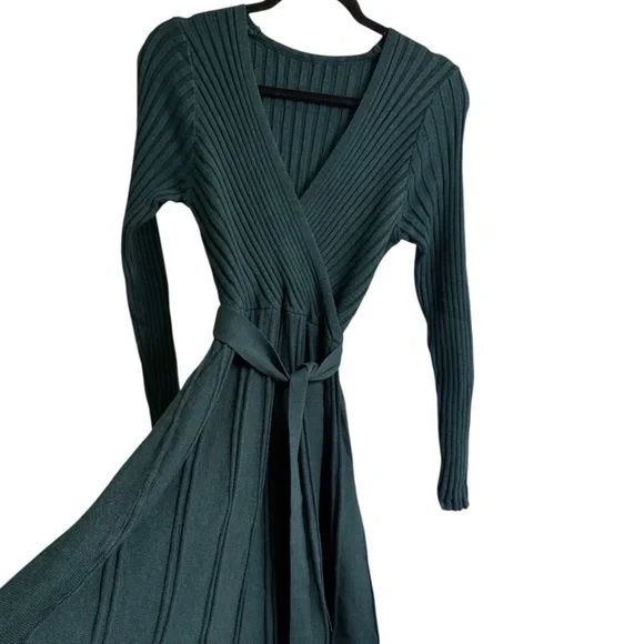 Women’s Long Sleeve Wrap V-Neck Ribbed Knit A line Sweater Dress - Picture 4 of 10